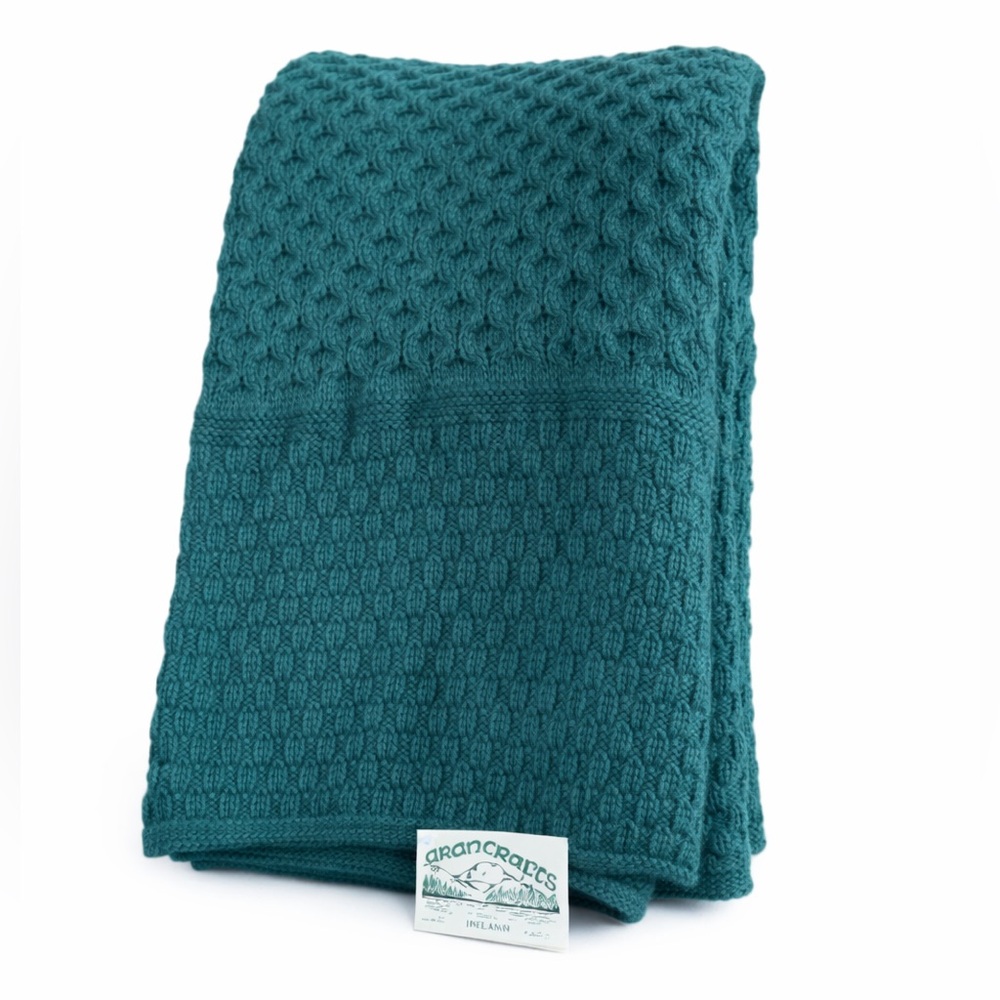 Aran Crafts Ireland Merino‎ Wool Knit Throw Blanket Green 62x54 Irish